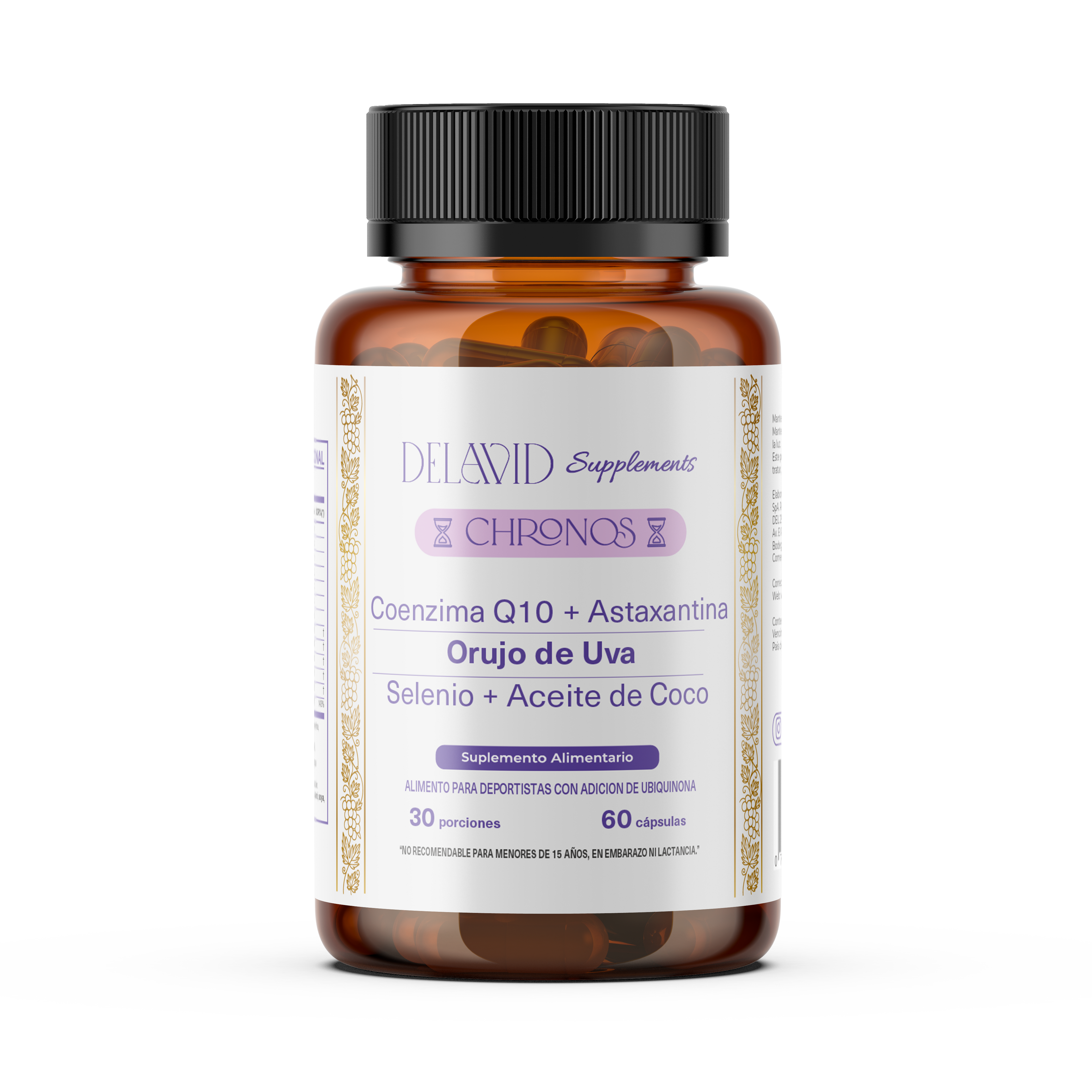 Frasco cápsulas Delavid Chronos, suplemento antioxidante con astaxantina, coenzima Q10 y polvo de uva, diseñado para protección celular y bienestar.