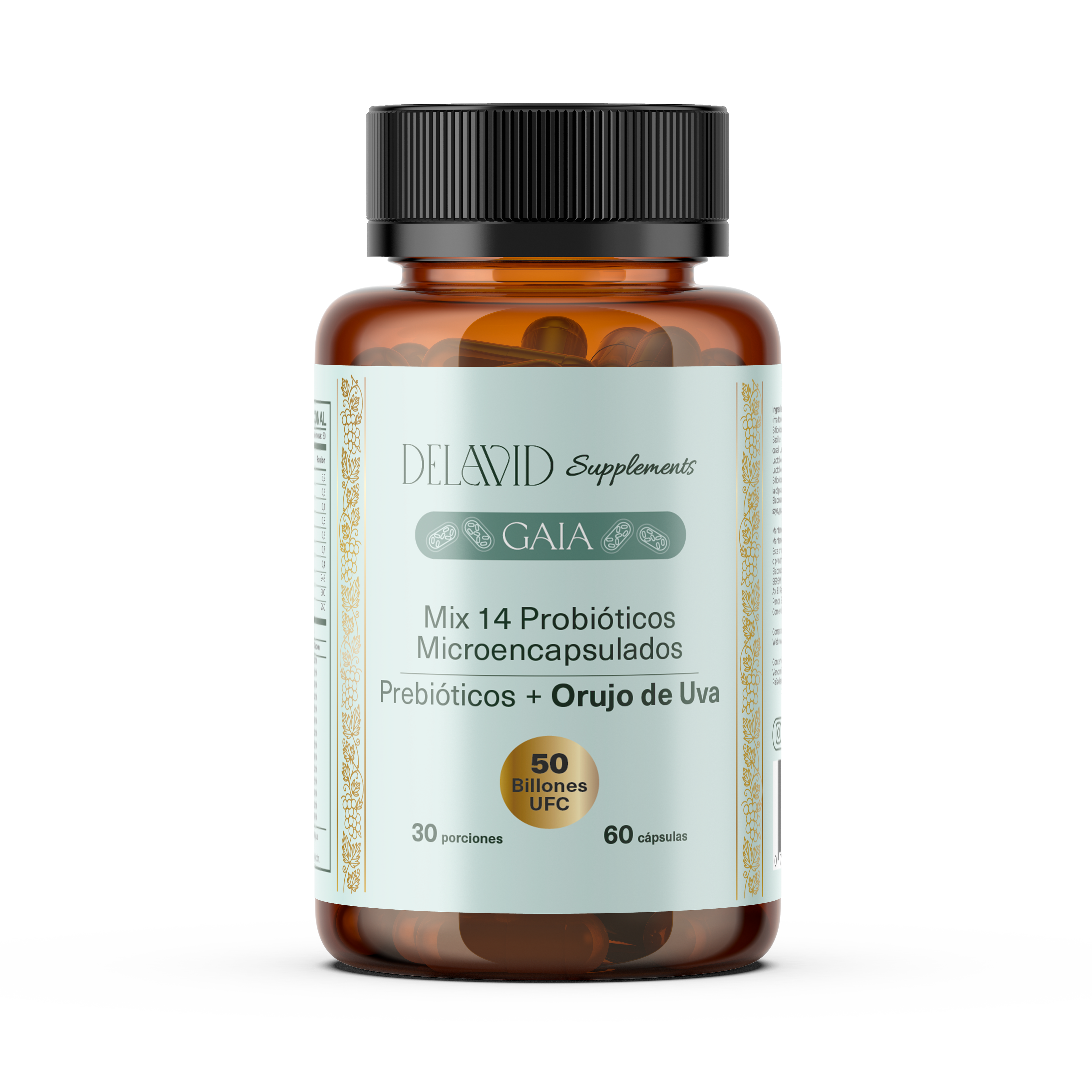 Frasco cápsulas Delavid Gaia, suplemento con probióticos e inulina combinado con polvo de orujo de uva, ideal para la salud intestinal y equilibrio digestivo.