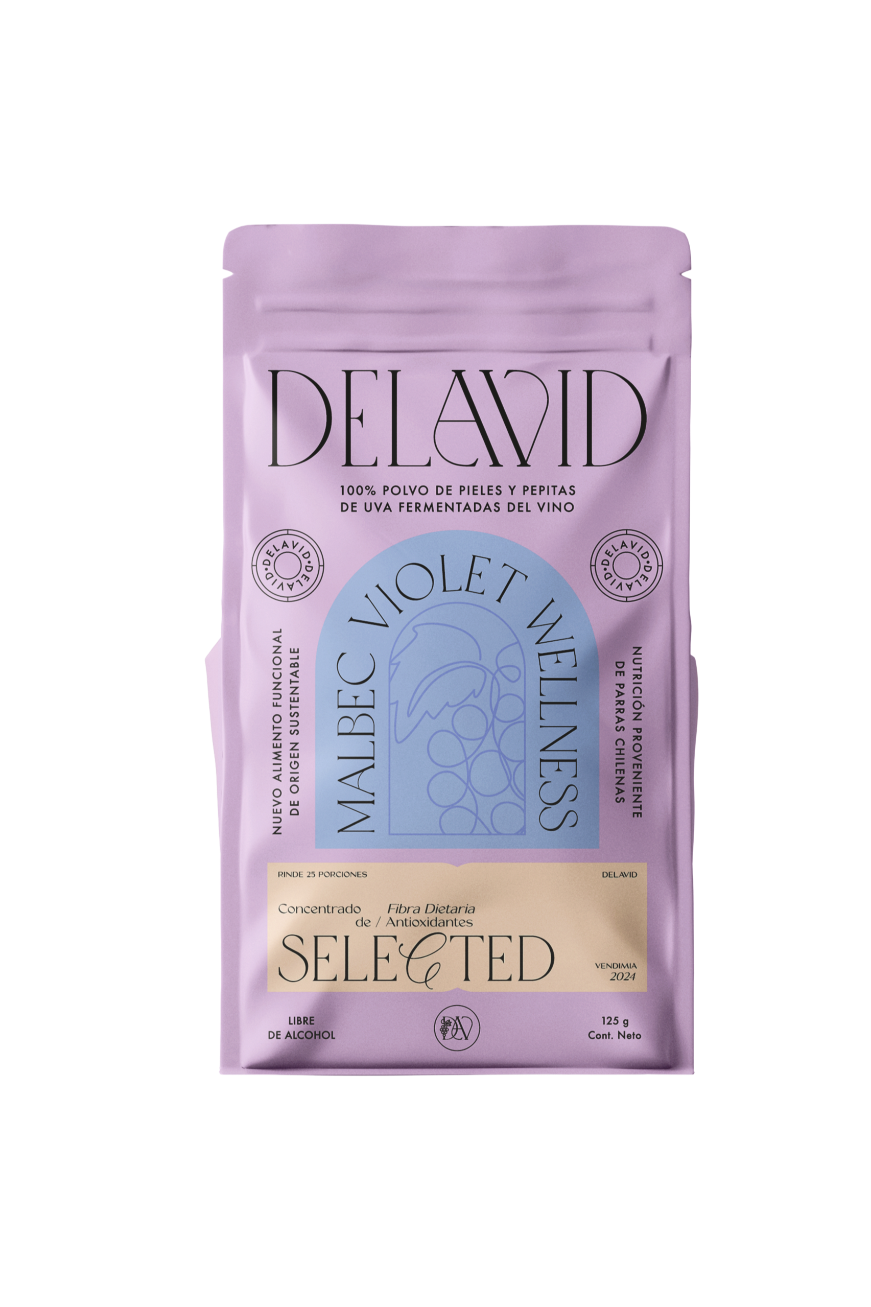 Doypack Delavid Malbec Violet Wellness, polvo de orujo de uva chilena con alto contenido de polifenoles, fibra dietaria y antioxidantes, perfecto para repostería y smoothies.