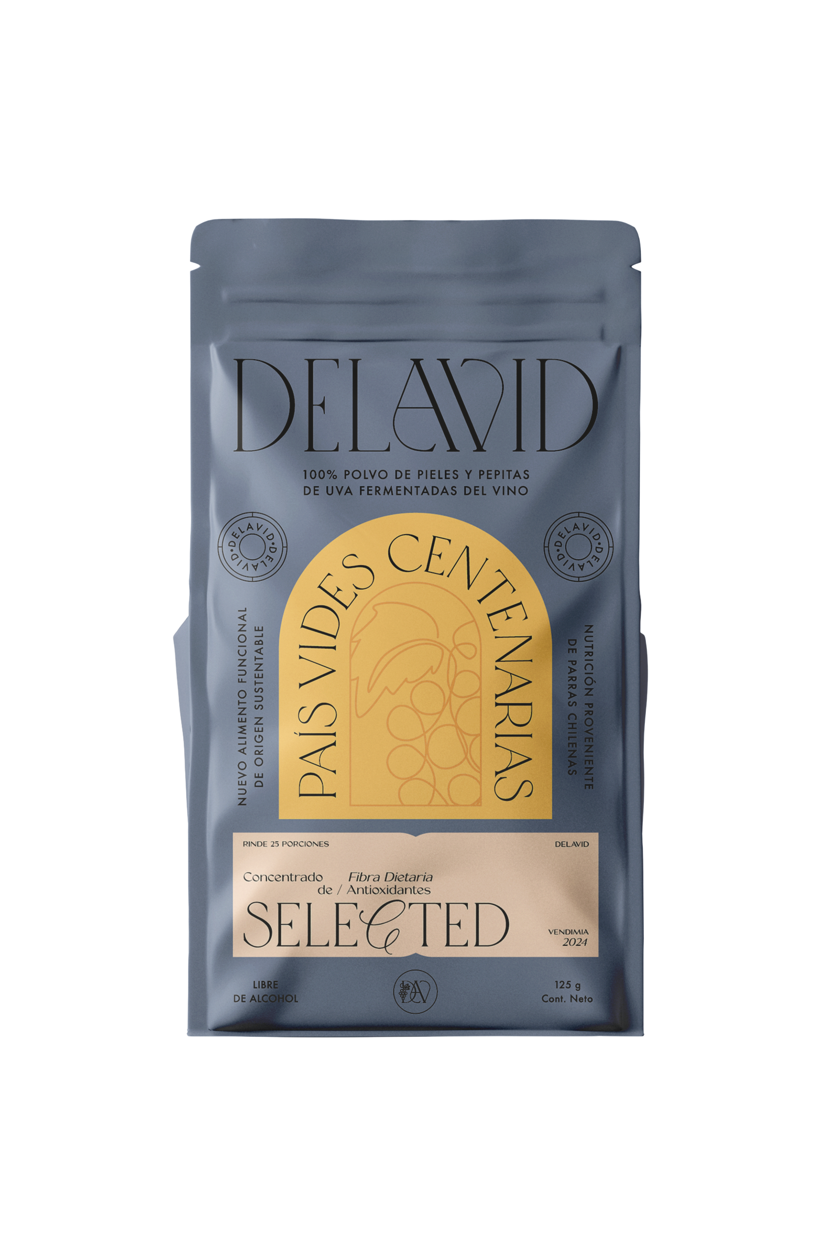 Doypack Delavid País Vides Centenarias, polvo de orujo de uva fermentada, fuente natural de fibra y antioxidantes, inspirado en la tradición vitivinícola chilena.