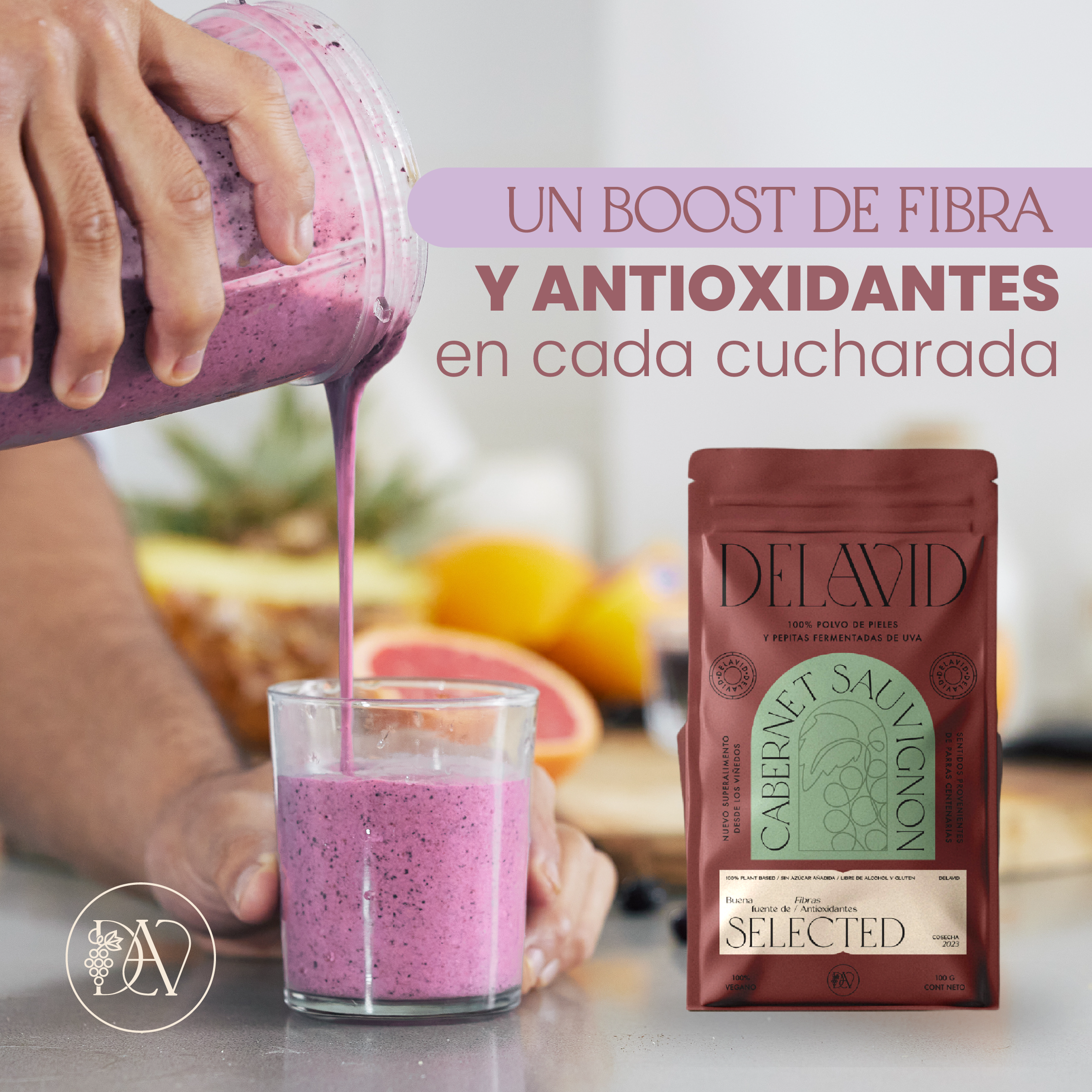 Doypack Delavid Cabernet Sauvignon, polvo de orujo de uva chilena rico en antioxidantes y fibra dietaria, ideal para batidos, yogures e infusiones saludables.