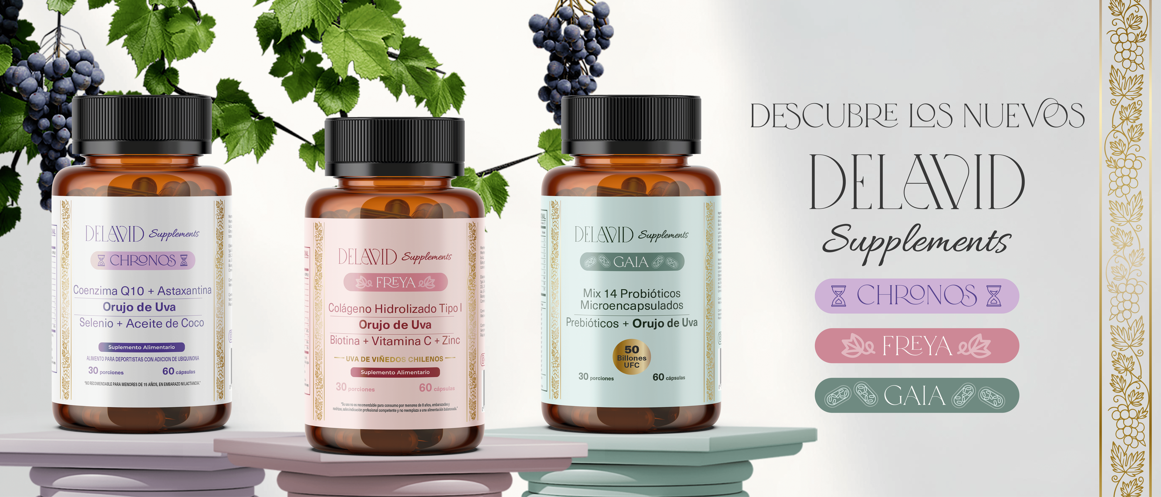 Pack de tres frascos de cápsulas Delavid: Freya (belleza con colágeno y polvo de uva), Gaia (digestiva con probióticos) y Chronos (protección celular antioxidante). Suplemento natural chileno que combina antioxidantes, fibra y probióticos para un bienestar integral.